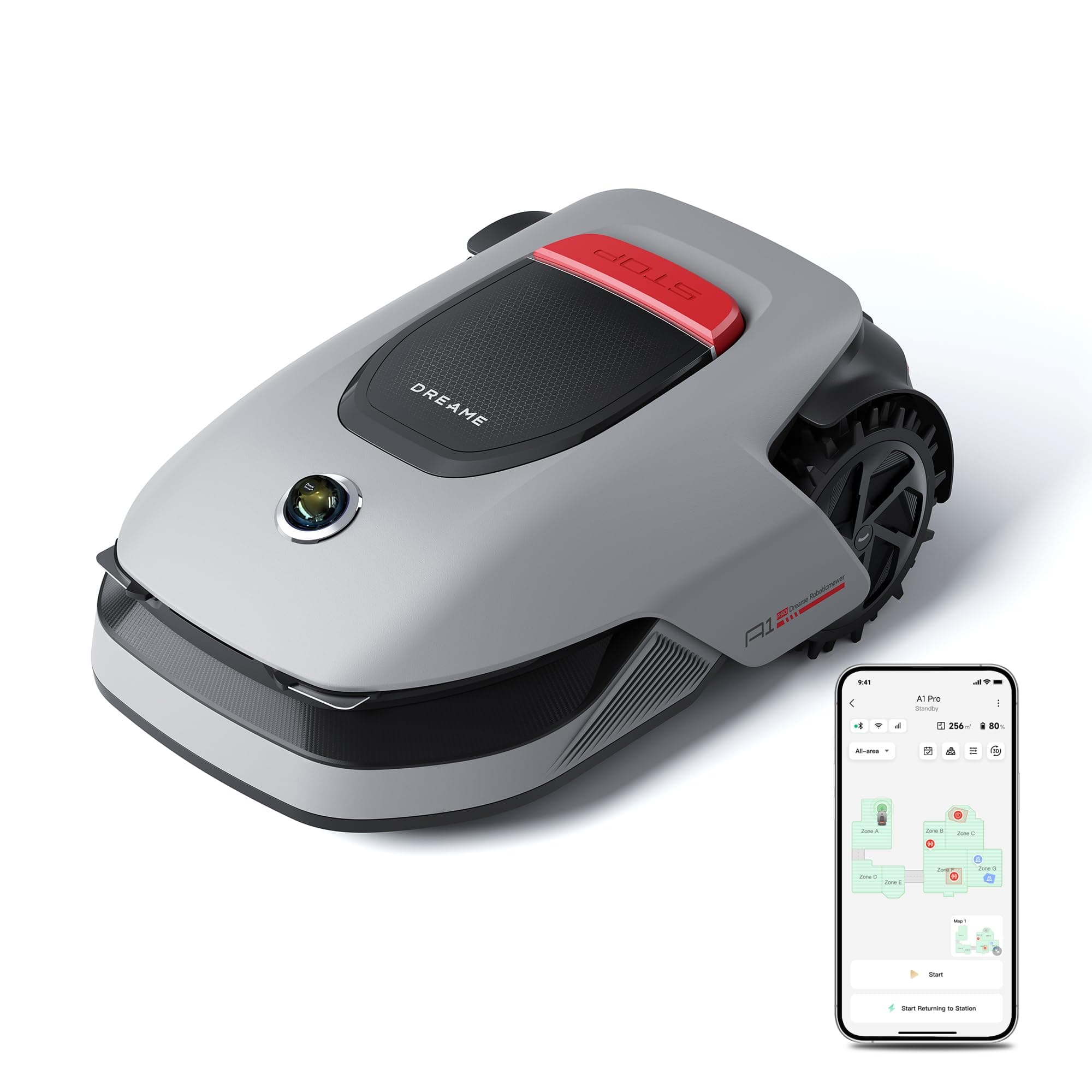 Dreame A1 Pro vejos pjovimo robotas ant nupjautos vejos saulėtą dieną