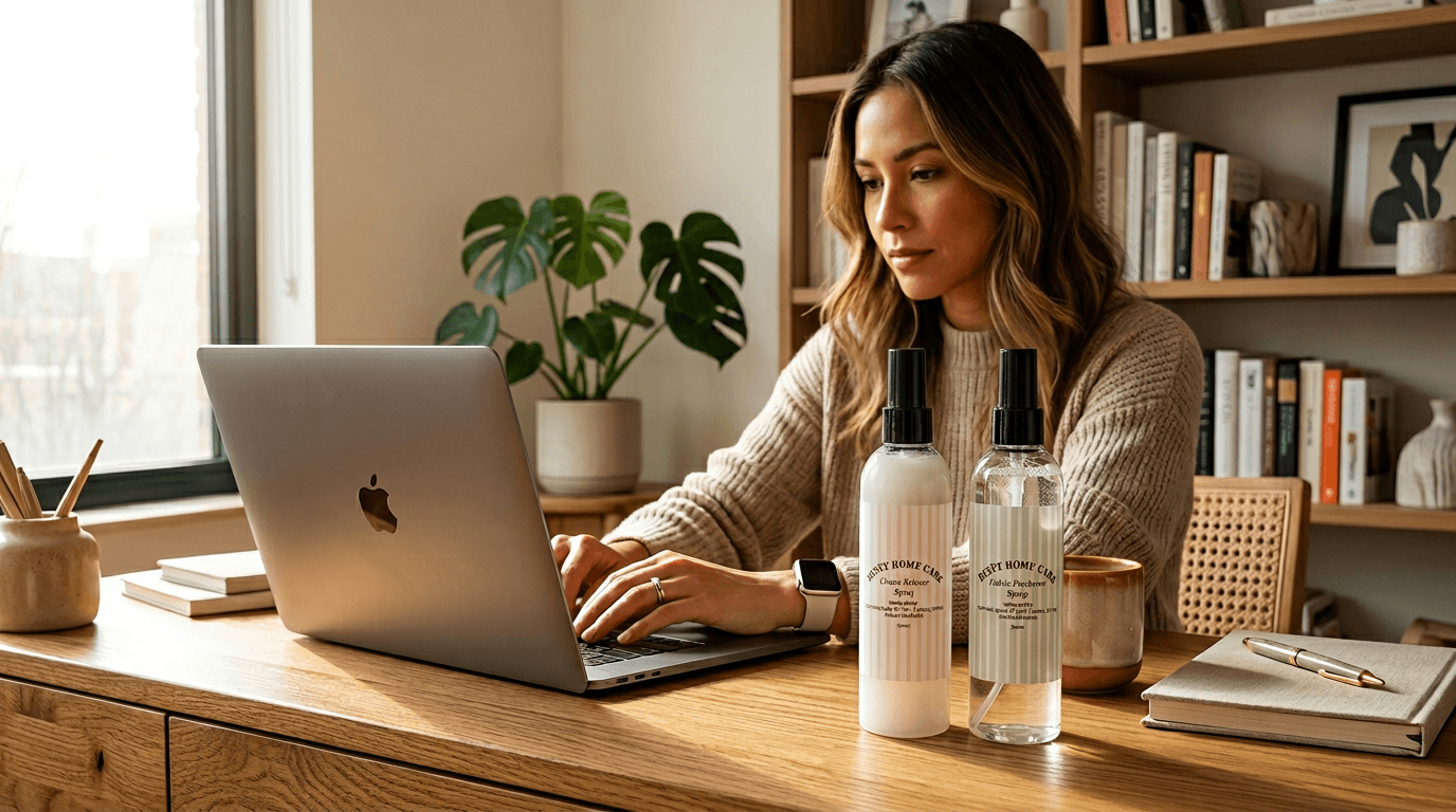 Kūrėja prie nešiojamo kompiuterio su RESET Home Care valikliais ant stalo