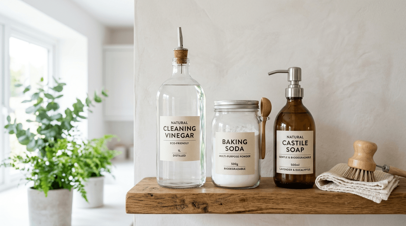 Natūralūs valikliai stikliniuose buteliuose ant medinės lentynos — soda, actas, muilas