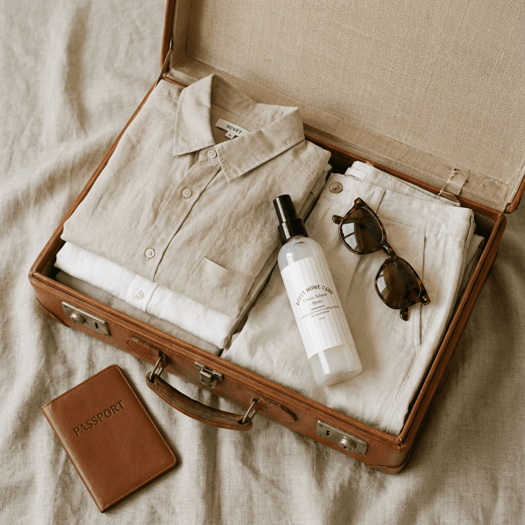 Kelioninis lagaminas su sulankstytais drabužiais ir audinių gaivinimo purškikliu