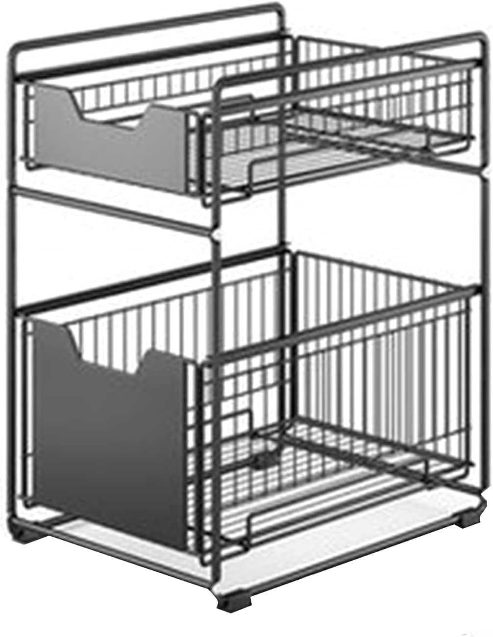 Skaidrios organizavimo dėžutės ir audinio krepšeliai lentynoje su etiketėmis