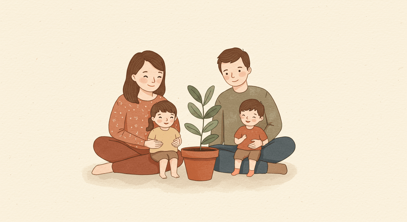 Šeima prie pusryčių stalo su telefonu, kuriame atidaryta Paperlist programėlė